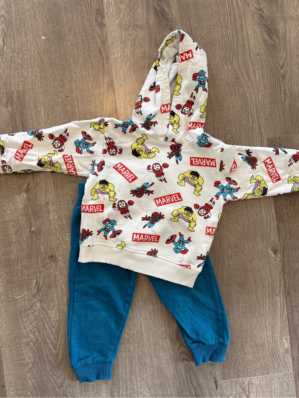 Marvel Kids Hoodie & Blue Joggers Set - White Hoodie with Superhero Print